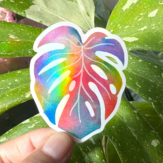 Rainbow Holographic Monstera Leaf - cute monstera leaf sticker